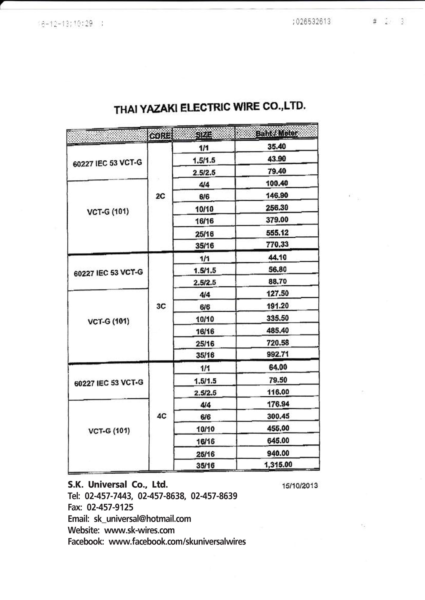 ราคาตั้ง สายไฟ VCT-G Thai Yazaki (Price List)